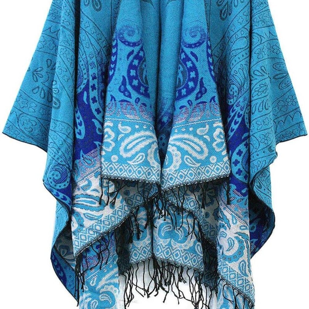 Women's Retro Style Vintage Pattern Tassel Poncho Shawl Cape Wraps For Women